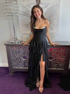 Black Strapless Tiered Ruffles Corset Prom Dress with Slit
