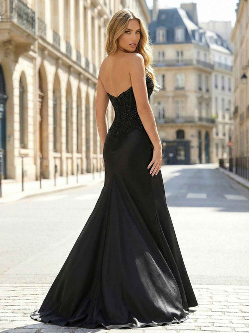 Black Sweetheart Prom Dress with Beaded Corset Bodice and Satin Skirt BMBRIDE
