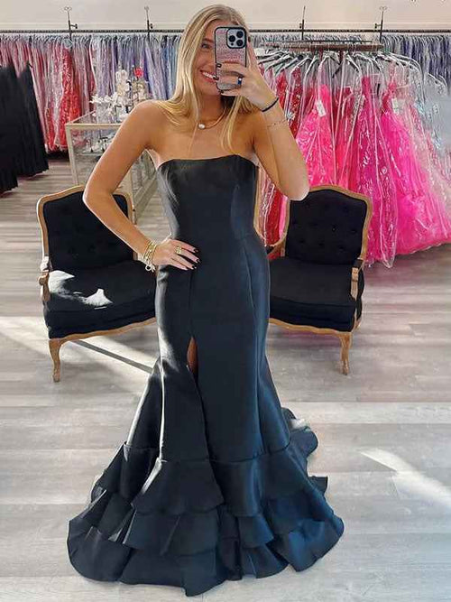 Black Mermaid Strapless Satin Tiered Prom Dress with Slit BMBRIDE