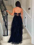 Black A-Line Strapless Tulle Tiered Long Prom Dress with Appliques
