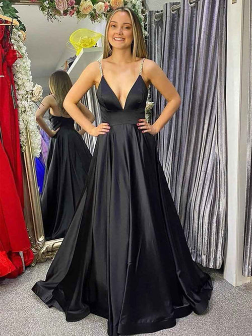 Black A Line Deep V Neck Satin Long Prom Dress BMBRIDE