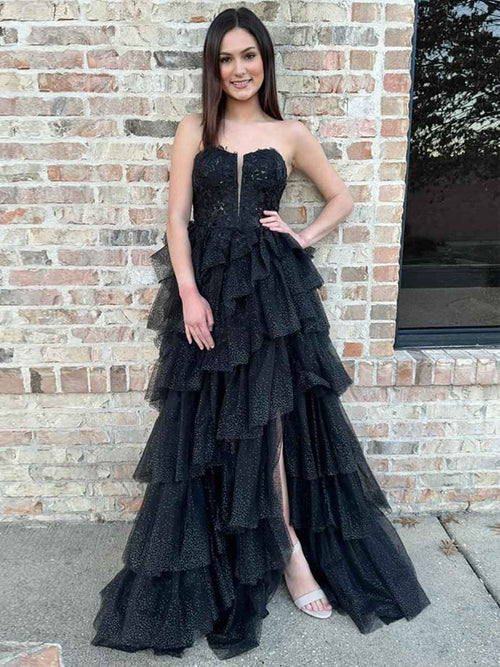 Black A Line Strapless Tiered Tulle Long Prom Dress with Appliques BMBRIDE