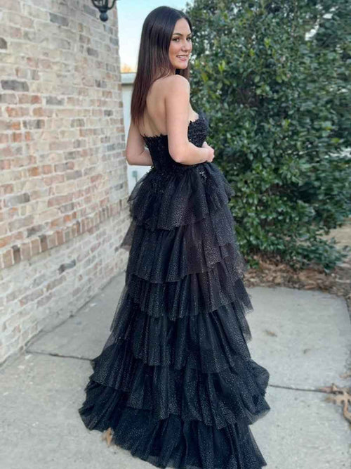 Black A Line Strapless Tiered Tulle Long Prom Dress with Appliques BMBRIDE