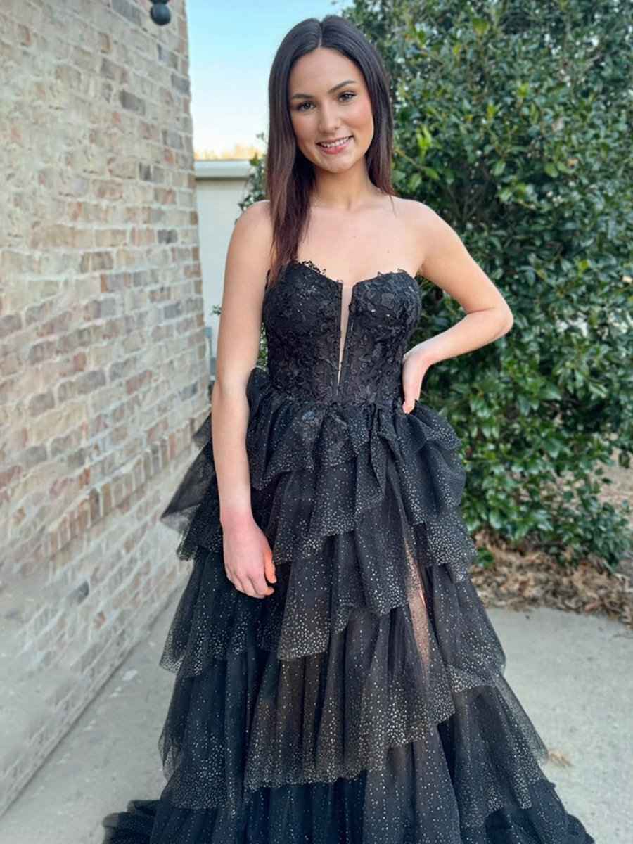 Black A Line Strapless Tiered Tulle Long Prom Dress with Appliques