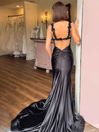 Red Mermaid Flowers Straps Long Prom Dress with Slit