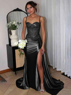 Green Mermaid Spaghetti Straps Bodice Long Prom Dress with Beads