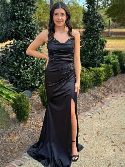 Black Mermaid Strapless V-Neck Satin Pleated Long Prom Dress with Slit BMBRIDE