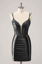 Sparkly Black Spaghetti Straps Tight Corset Homecoming Dress with Sequins