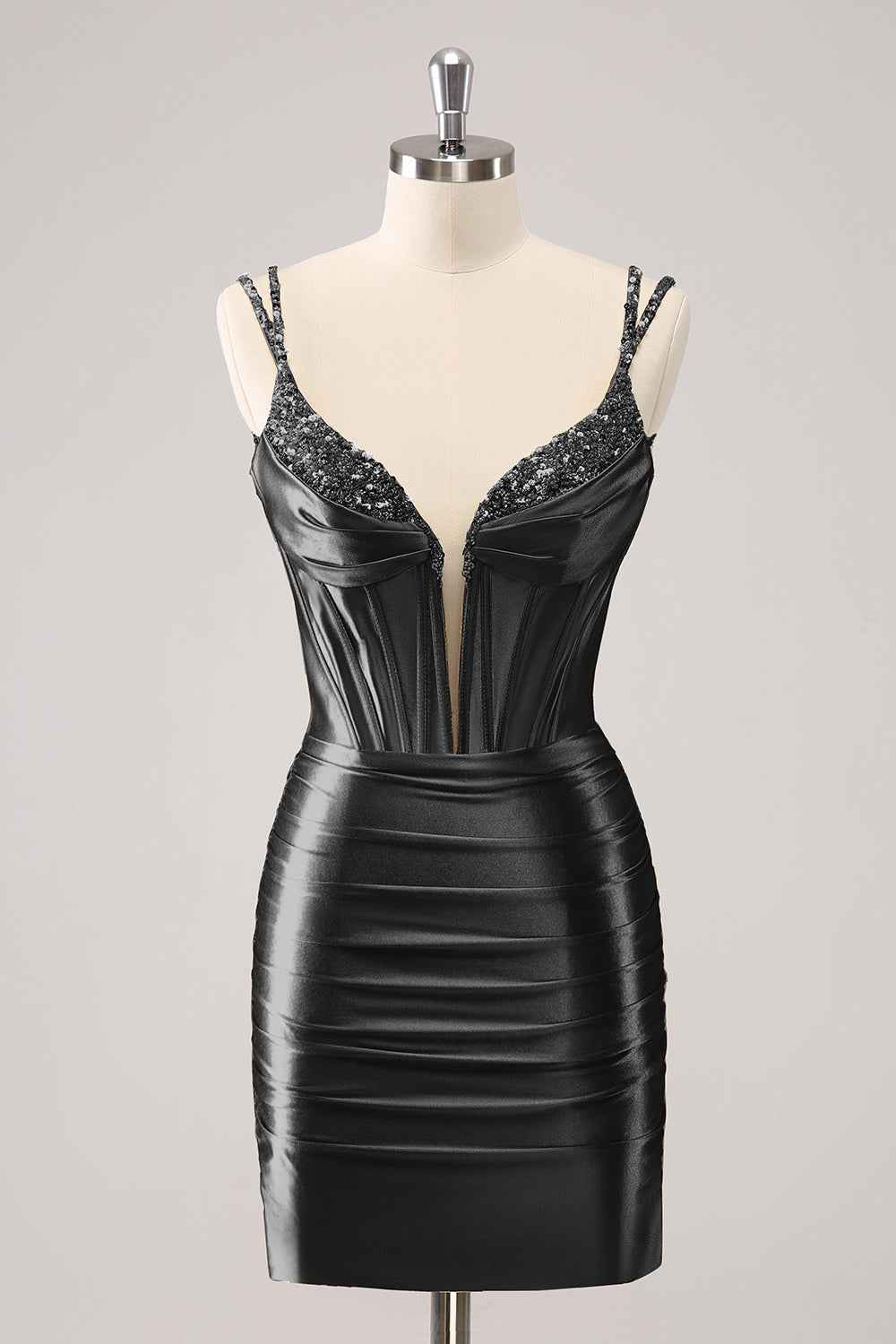Sparkly Black Spaghetti Straps Tight Corset Homecoming Dress with Sequins