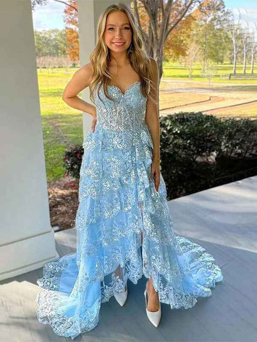 Blue A-Line Strapless V-Neck Appliques Tiered Prom Dress with Slit BMBRIDE