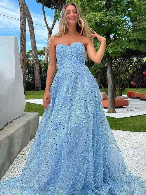 Sparkly Blue A-Line Strapless Sweetheart Sequins Long Prom Dress BMBRIDE
