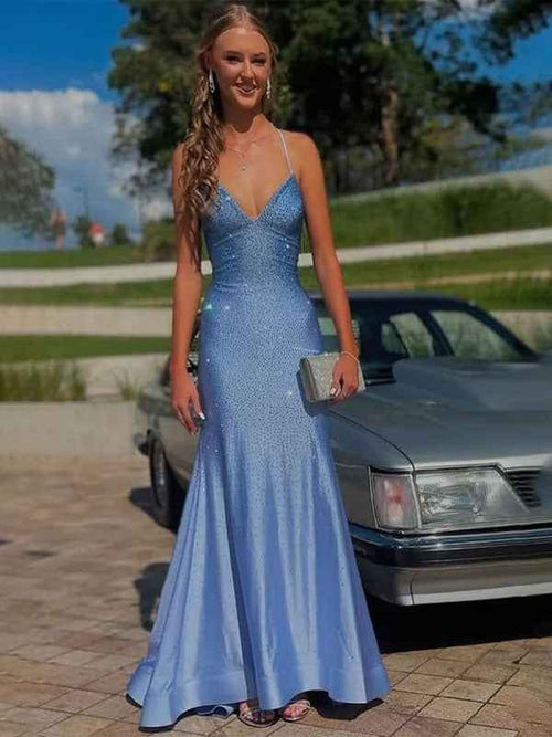 Blue Mermaid Spaghetti Straps V-Neck Rhinestone Long Prom Dress BMBRIDE