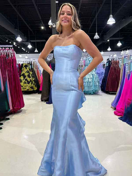 Blue Mermaid Satin Strapless Long Prom Dress with Ruffle Train BMBRIDE