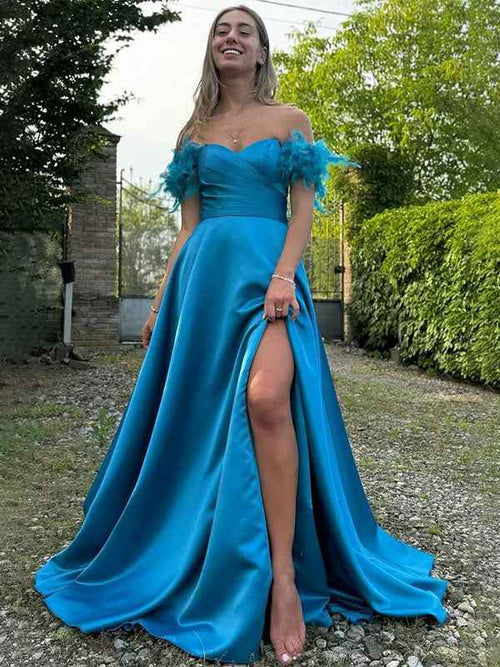 Blue A-Line Off The Shoulder Sweetheart Satin Long Prom Dress with Feather BMBRIDE