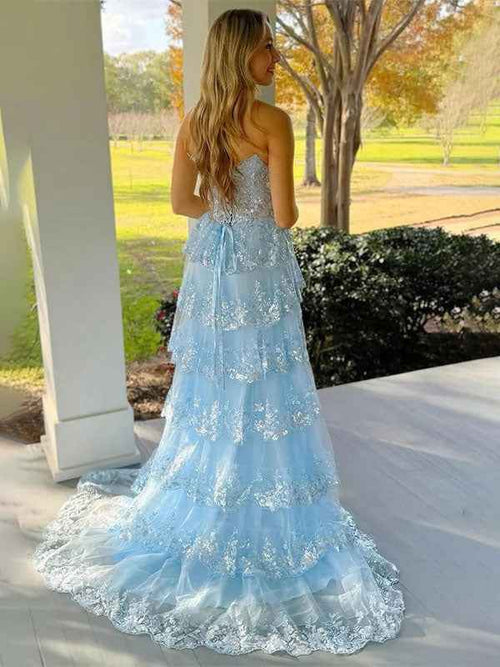 Blue A-Line Strapless V-Neck Appliques Tiered Prom Dress with Slit BMBRIDE