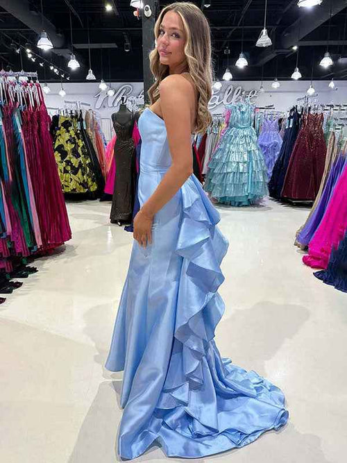 Blue Mermaid Satin Strapless Long Prom Dress with Ruffle Train BMBRIDE