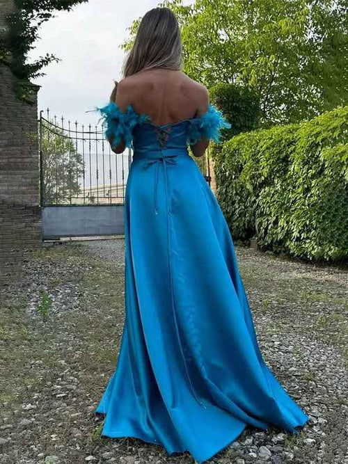 Blue A-Line Off The Shoulder Sweetheart Satin Long Prom Dress with Feather BMBRIDE