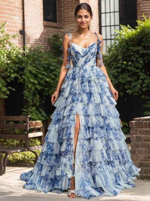Blue Floral A Line V Neck Long Pleated Prom Dress With Slit BMBRIDE