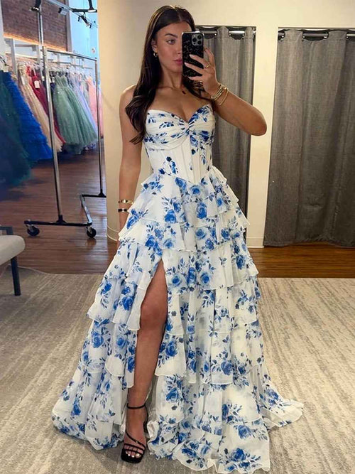 A-Line Strapless V-Neck Tiered Printing Long Prom Dress BMBRIDE
