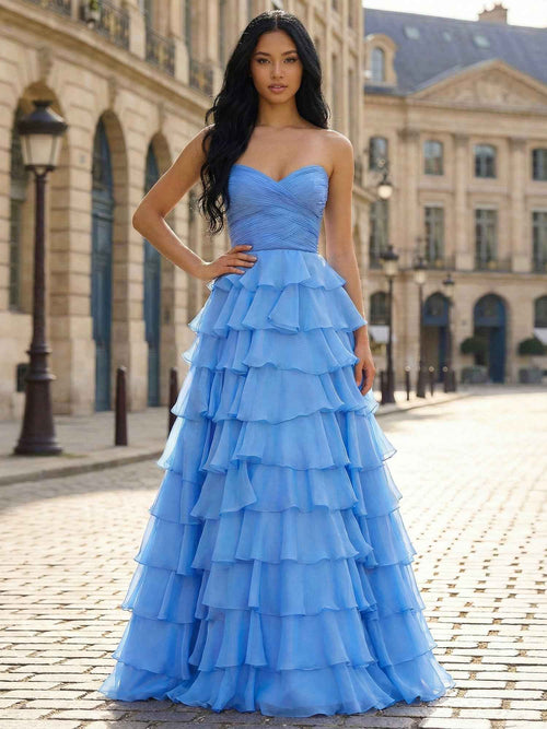 Blue A Line Strapless Tiered Ruffle Long Prom Dress BMBRIDE