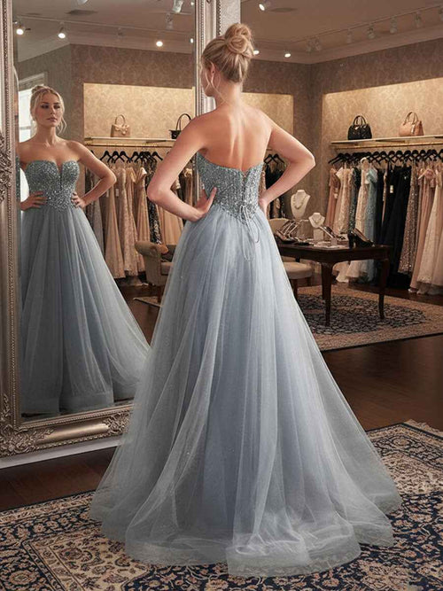 Blue A Line Sweetheart Long Prom Dress With Sequins BMBRIDE