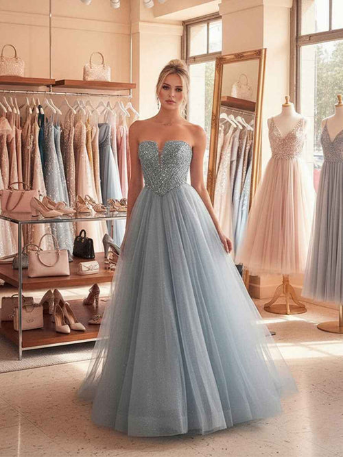 Blue A Line Sweetheart Long Prom Dress With Sequins BMBRIDE