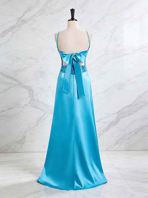 Blue V Neck Beaded Bodice Satin A-Line Long Prom Dress BMBRIDE