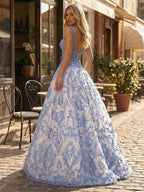 Blue Floral A Line Baroque Lace Long Corset Prom Dress
