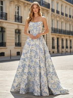 Blue Floral Brocade Strapless A-Line Prom Dress with Slit