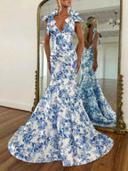 Blue Floral Mermaid V Neck Prom Dress with Tie-Shoulder Bow Straps