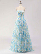 Blue Floral Print Strapless Corset Tiered A-Line Prom Dress