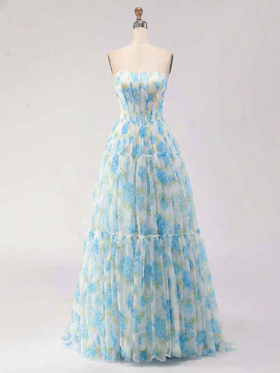 Blue Floral Print Strapless Corset Tiered A-Line Prom Dress