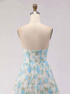 Blue Floral Print Strapless Corset Tiered A-Line Prom Dress