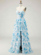 Blue Floral Strapless Tiered Ruffle Corset Prom Dress with Slit