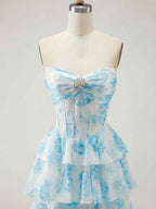 Blue Floral Strapless Tiered Ruffle Corset Prom Dress with Slit