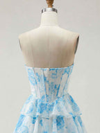 Blue Floral Strapless Tiered Ruffle Corset Prom Dress with Slit