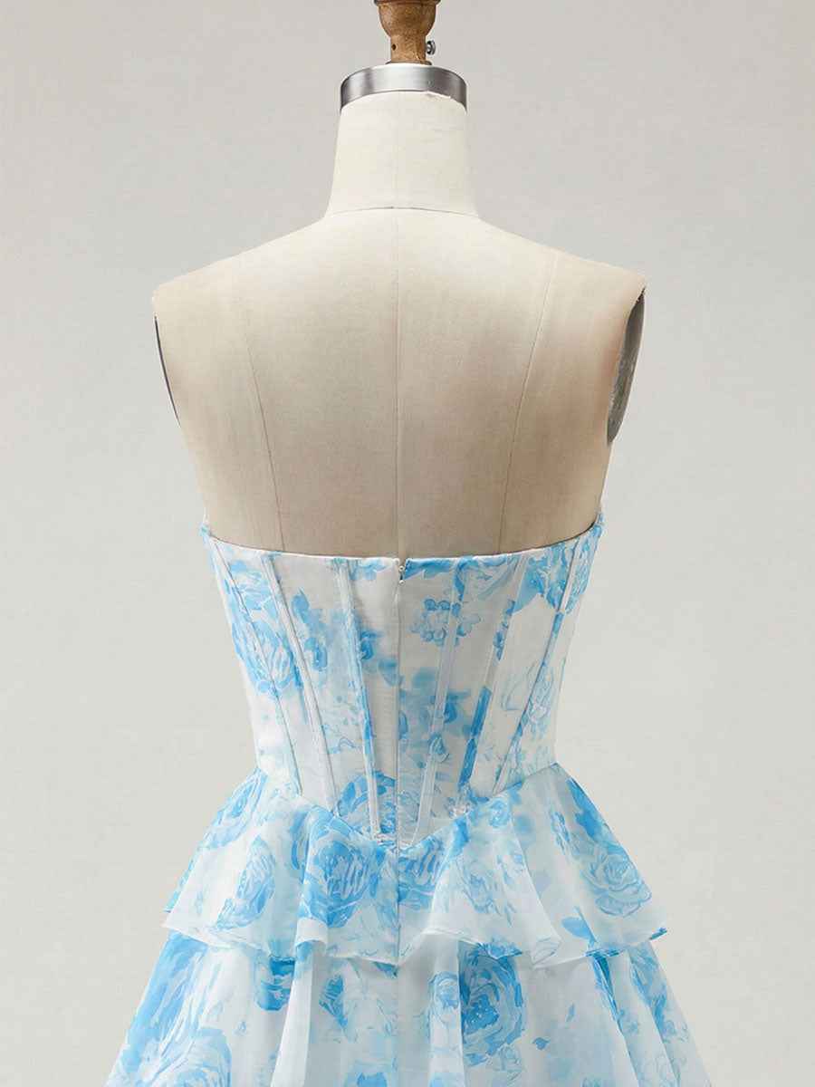 Blue Floral Strapless Tiered Ruffle Corset Prom Dress with Slit