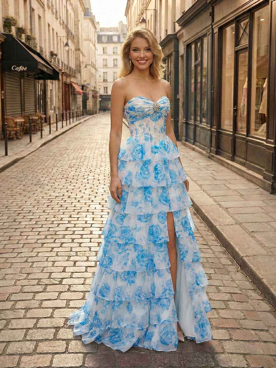 Blue Floral Strapless Tiered Ruffle Corset Prom Dress with Slit