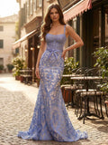 Blue Floral Sweetheart Spaghetti Straps Long Corset Prom Dress