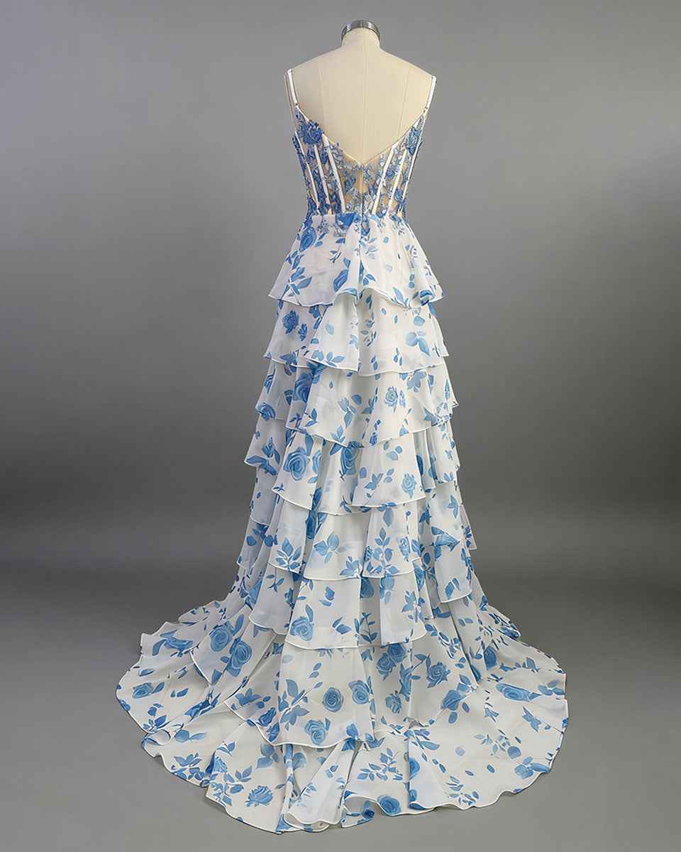 Blue Floral Tiered Ruffle Beaded Corset Long Prom Dress with Slit