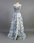 Blue Floral Tiered Ruffle Beaded Corset Long Prom Dress with Slit