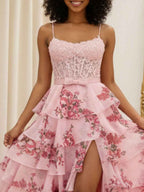 Blue Floral Tiered Ruffles High-Low Prom Dress with Beaded Bodice