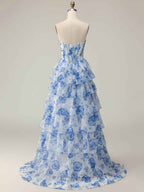 Blue Flower A Line Sweetheart Sequins Tiered Corset Long Prom Dress with Slit