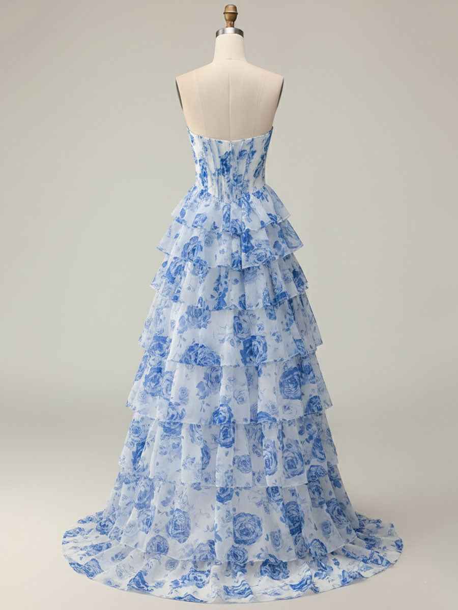 Blue Flower A Line Sweetheart Sequins Tiered Corset Long Prom Dress with Slit