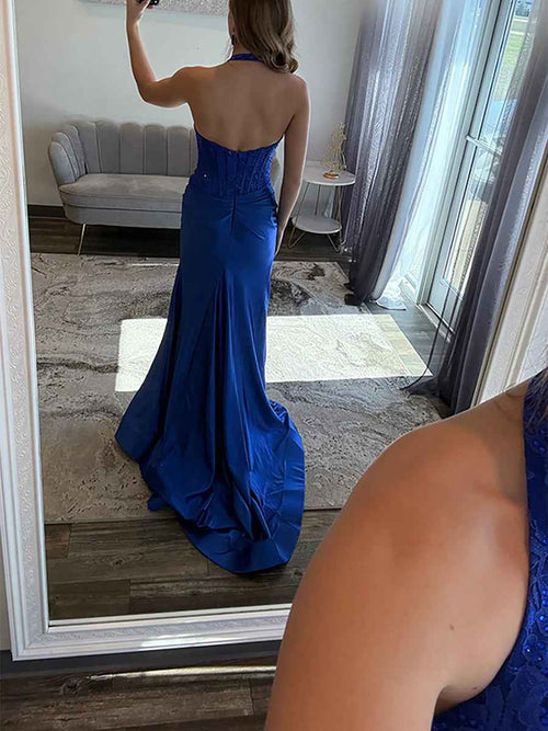 Blue Halter Neck High Slit Prom Dress with Lace Corset Bodice BMBRIDE