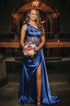 Elegant Sheath One Shoulder Pleated Satin Long Prom Dress BM bride