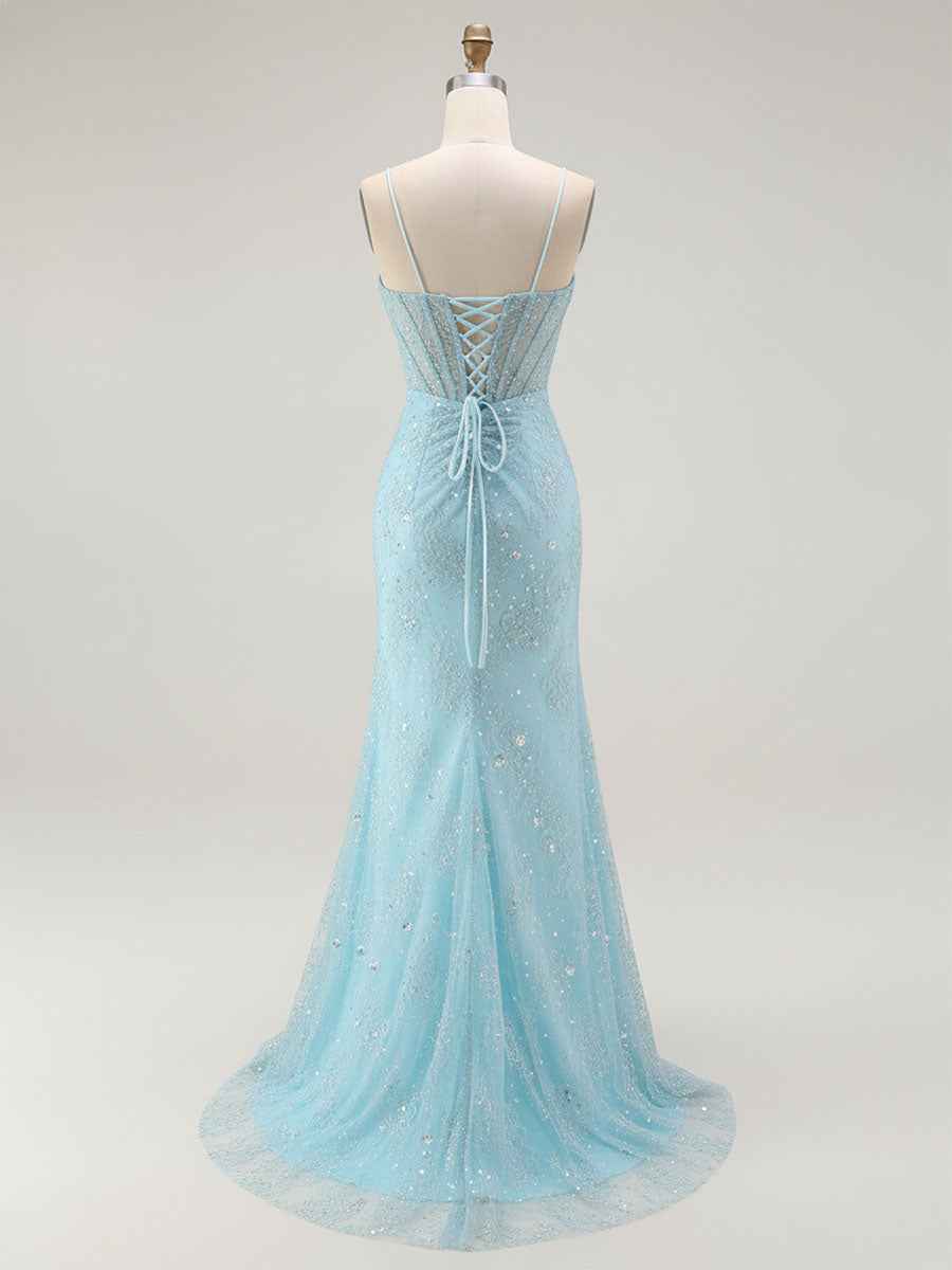 Blue Mermaid Spaghetti Straps Beaded Long Prom Dress with Slit