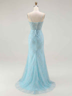 Blue Mermaid Spaghetti Straps Beaded Long Prom Dress with Slit