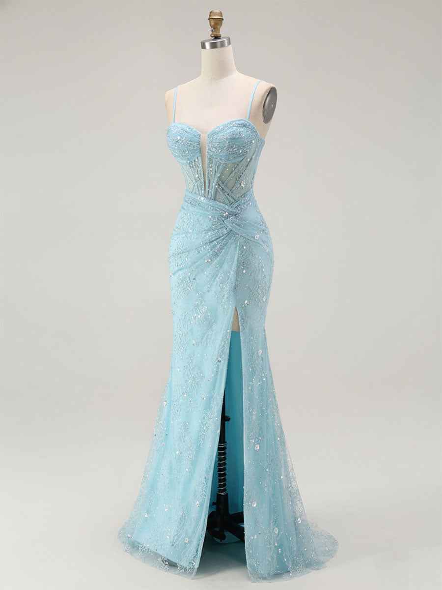 Blue Mermaid Spaghetti Straps Beaded Long Prom Dress with Slit