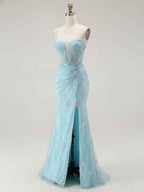Blue Mermaid Spaghetti Straps Beaded Long Prom Dress with Slit